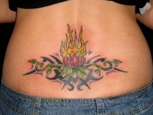 Flaming Lotus With Tribal Lower Back Tattoo For Girls